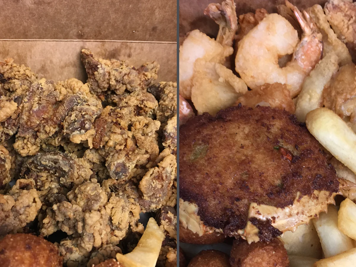 Takeout seafood containers ready for pickup.